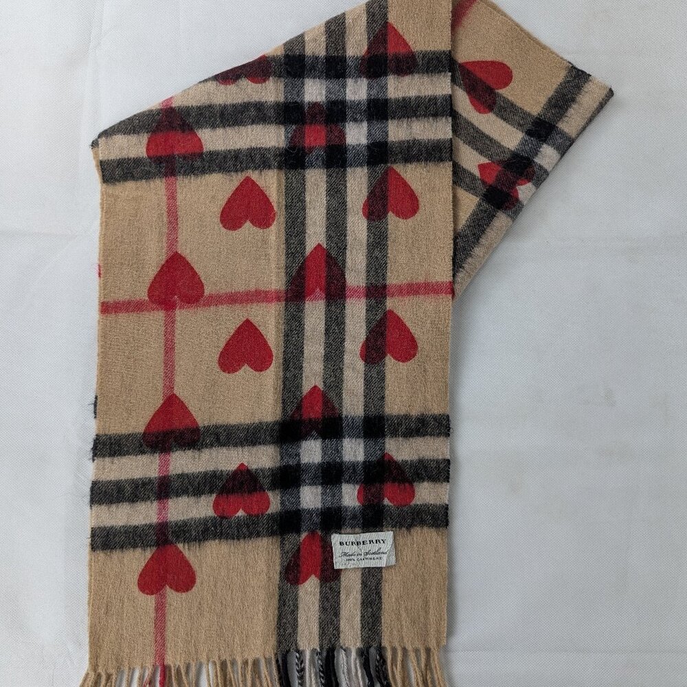 Burberry Classic Nova Check Red Heart 100% Cashmere Beige Scarf Made In Scotland